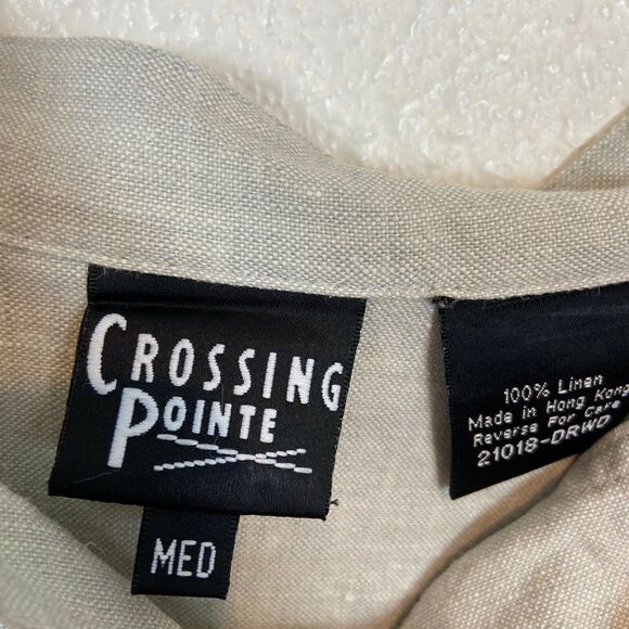 Linen Casual Shirt Jacket SZ M Vintage Crossing Point Band Collar Retro Tan - Picture 4 of 12